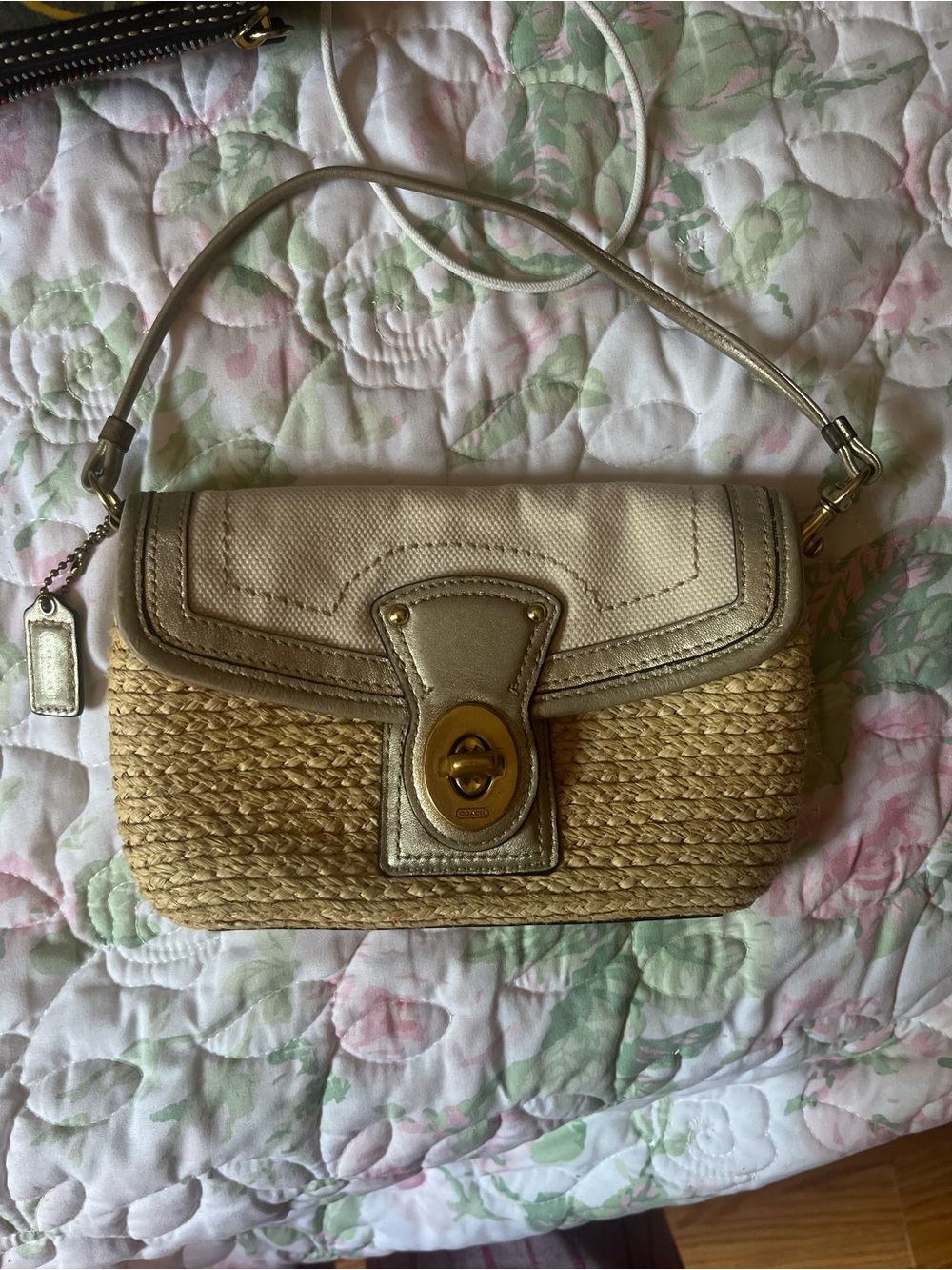 Coach Straw Shoulder Bag with Metallic Gold Leather Trim
